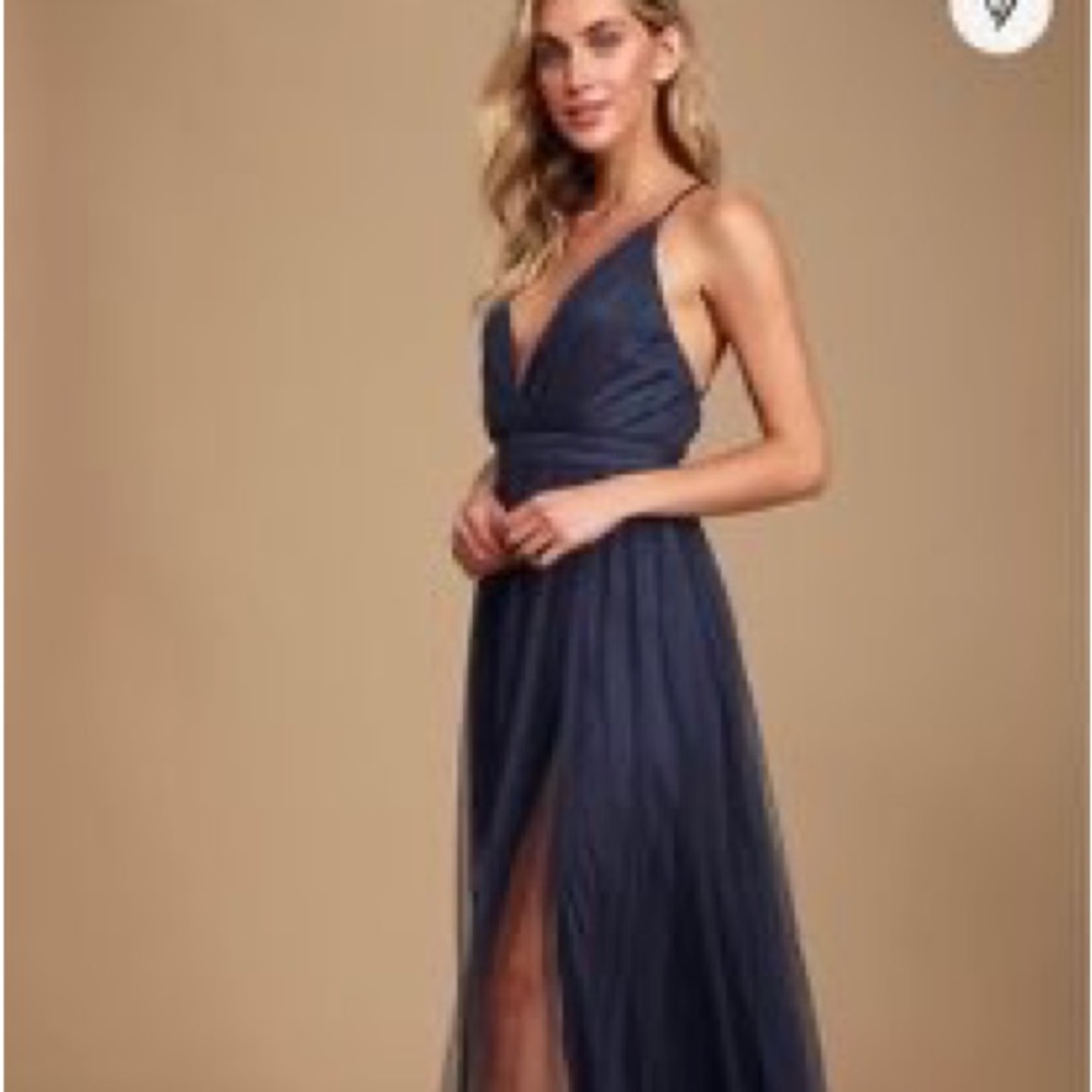 NWT Lulu's Rare Beauty Navy Blue Tulle Backless Maxi Dress